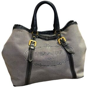 Prada Navy Blue & and Gray Canvas & Leather Tote Satchel Bag with Gold Accents